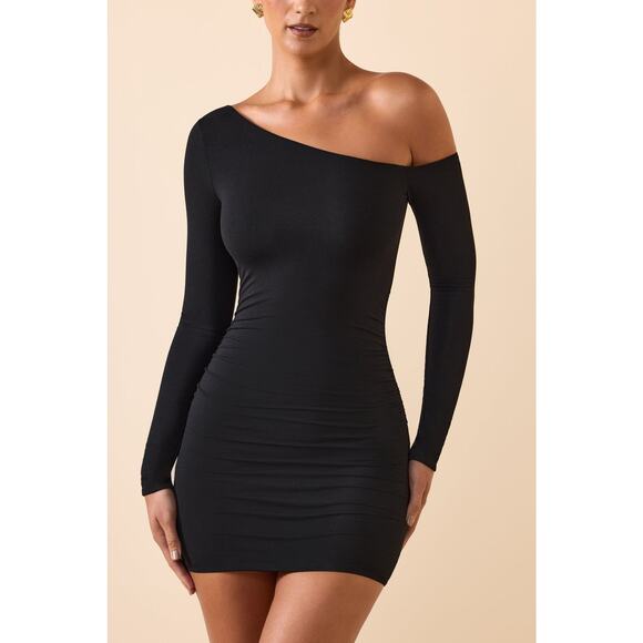 Oh Polly Fia Dress Ruched Off Shoulder Modal Mini LBD Sexy Glam Black Size M - Picture 1 of 13